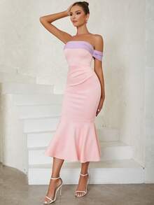 Off Shoulder Mermaid Hem Dress - Pink - View 3
