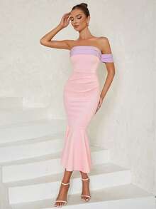 Off Shoulder Mermaid Hem Dress - Pink - View 4