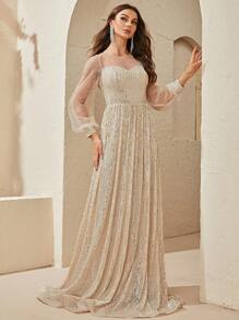 YISIKADO Contrast Mesh Lantern Sleeve Sequin Formal Dress - Champagne - View 1