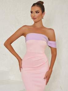 Off Shoulder Mermaid Hem Dress - Pink - View 5