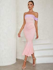 Off Shoulder Mermaid Hem Dress - Pink - View 6