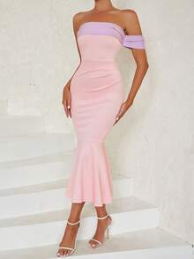 Off Shoulder Mermaid Hem Dress - Pink - View 7