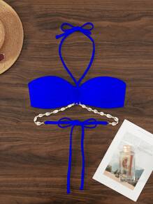 Chain Linked Halter Bikini Top, For Summer Beach Vacation - Royal Blue - View 5