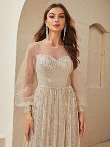 YISIKADO Contrast Mesh Lantern Sleeve Sequin Formal Dress - Champagne - View 5