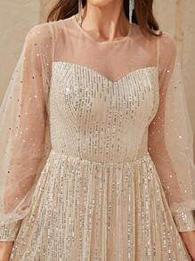 YISIKADO Contrast Mesh Lantern Sleeve Sequin Formal Dress - Champagne - View 7
