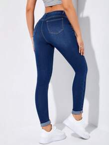 Flexra 女式夏季破洞卷边紧身牛仔裤 - 深色水洗藍 - 查看 2