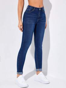 Flexra 女式夏季破洞卷边紧身牛仔裤 - 深色水洗藍 - 查看 4