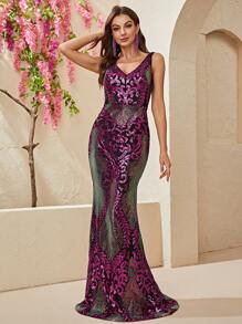 YISIKADO Đầm Tương phản Mesh ghép mộng kim sa Dây kéo Tất cả trên in Buổi tiệc - Nhiều màu - Xem 1