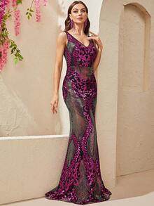 YISIKADO Đầm Tương phản Mesh ghép mộng kim sa Dây kéo Tất cả trên in Buổi tiệc - Nhiều màu - Xem 6