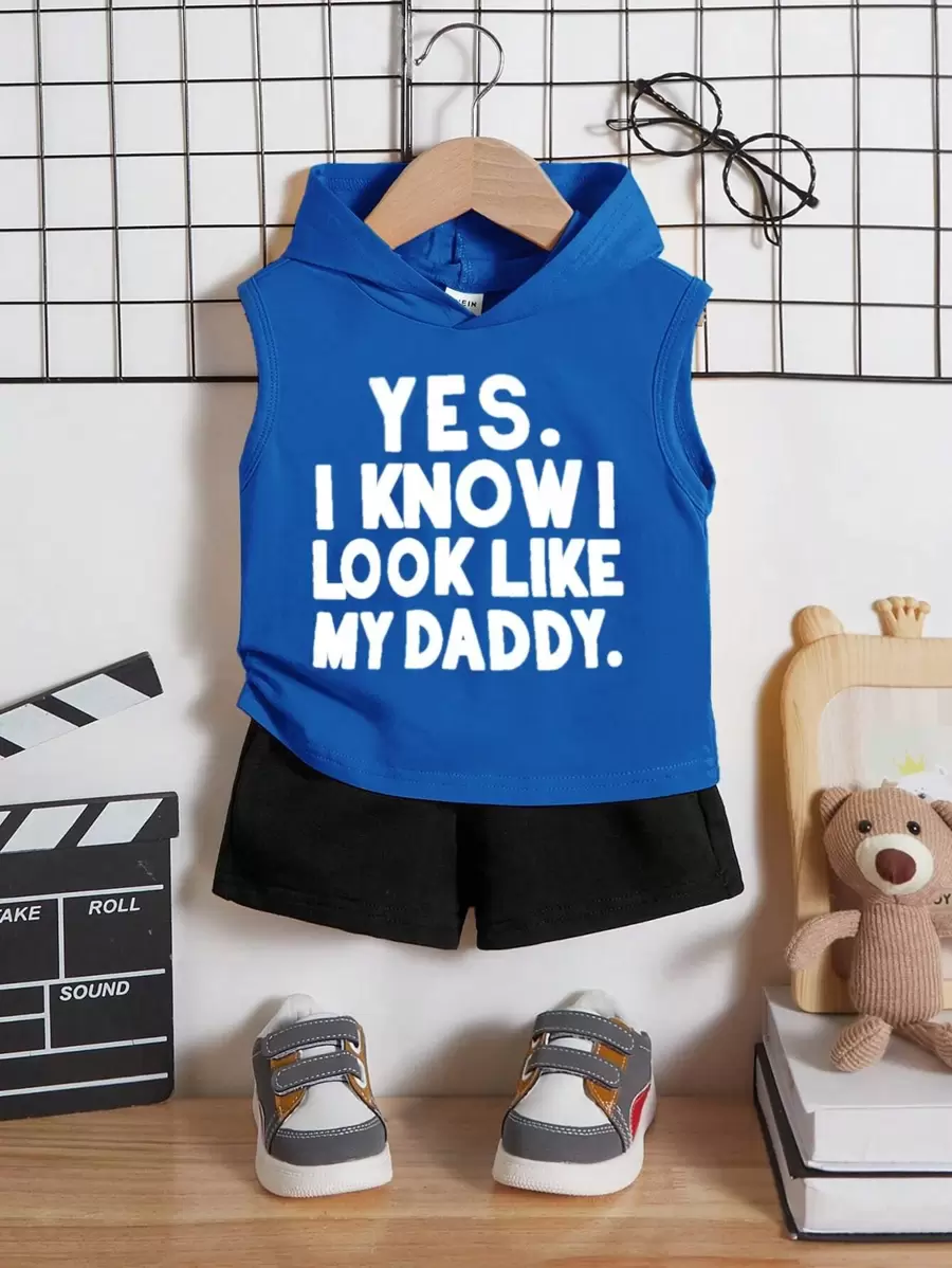 SHEIN Đứa bé trai Đồ họa Khẩu hiệu áo có mũ Áo ba lỗ & Quần short - Màu xanh lam - Xem 1