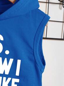 SHEIN Đứa bé trai Đồ họa Khẩu hiệu áo có mũ Áo ba lỗ & Quần short - Màu xanh lam - Xem 3