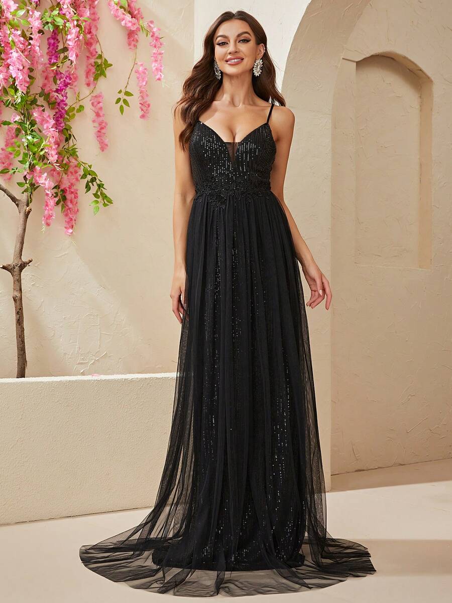 YISIKADO Contrast Sequin Mesh Cami Formal Dress - Black - View 1