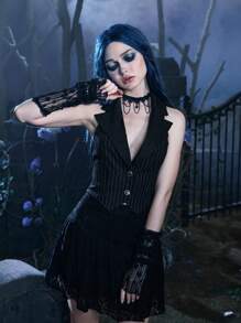 ROMWE Goth 條紋印花吊脖馬甲西裝外套不帶襯衫 - 黑色 - 查看 4