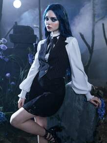 ROMWE Goth 條紋印花吊脖馬甲西裝外套不帶襯衫 - 黑色 - 查看 8