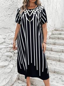 EMERY ROSE Plus Striped Print Tunic Dress - Black and White - View 1