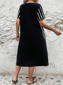 EMERY ROSE Plus Striped Print Tunic Dress - Black and White - View 2