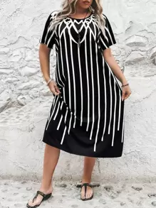 EMERY ROSE Plus Striped Print Tunic Dress - Black and White - View 3