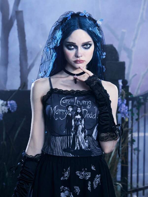 Corpse Bride ROMWE Top de tirantes con estampado de figura con encaje
