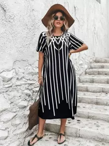 EMERY ROSE Plus Striped Print Tunic Dress - Black and White - View 5