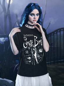 Corpse Bride | ROMWE Slogan & Figure Graphic Drop Shoulder Tee, School - Black - View 3