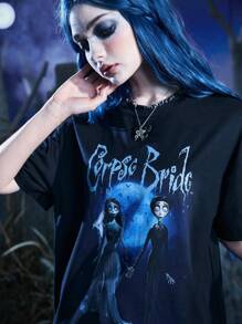 Corpse Bride | ROMWE 卡通人物图案 T 恤，学校 - 黑色 - 查看 3