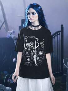 Corpse Bride | ROMWE Slogan & Figure Graphic Drop Shoulder Tee, School - Black - View 4