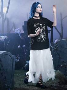 Corpse Bride | ROMWE Slogan & Figure Graphic Drop Shoulder Tee, School - Black - View 5