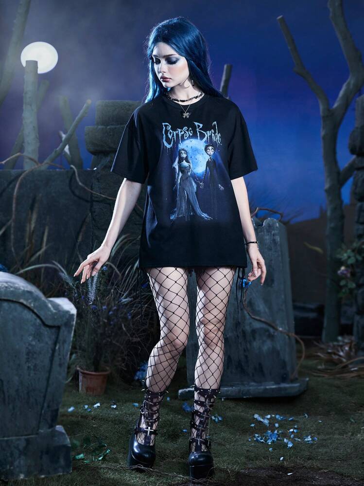 Corpse Bride | ROMWE 卡通人物图案 T 恤，学校 - 黑色 - 查看 5