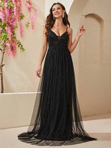 YISIKADO Contrast Sequin Mesh Cami Formal Dress - Black - View 5