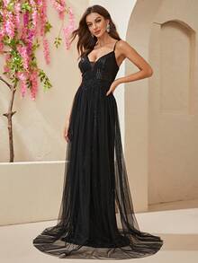 YISIKADO Contrast Sequin Mesh Cami Formal Dress - Black - View 6