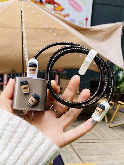 5 件咖啡色装饰数据线保护器和充电器头套套装充电器保护器