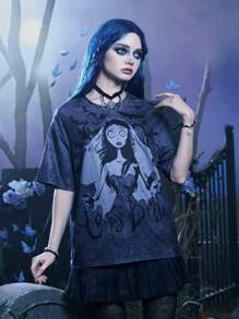 Corpse Bride | ROMWE 人像圖案紮染T恤 - 灰色 - 查看 1