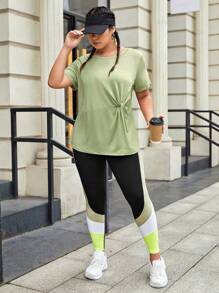 SHEIN Sports Plus Twist Front Sports Tee & Colourblock Sports Leggings - Multicolor - View 6