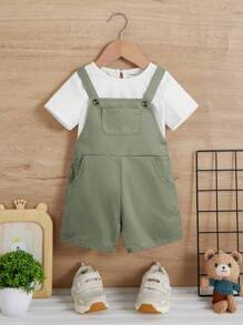 SHEIN Baby Boy Solid Pocket Patched Overall Romper Without Tee - Army Green - View 1