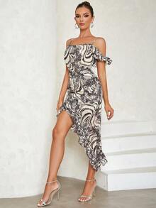 Allover Print Ruffle Trim Asymmetrical Hem Dress