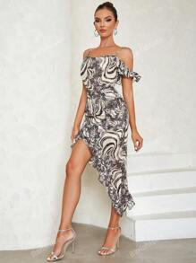 Allover Print Ruffle Trim Asymmetrical Hem Dress