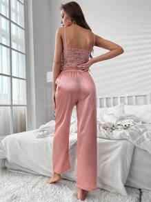 Lace Cami Top & Satin Trousers PJ Set - Pink - View 2