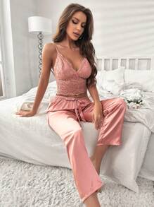 Lace Cami Top & Satin Trousers PJ Set - Pink - View 3