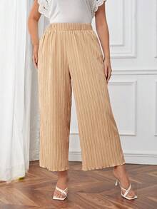 SHEIN Essnce Plus Lettuce Trim Plisse Wide Leg Trousers - Apricot - View 2
