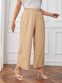 SHEIN Essnce Plus Lettuce Trim Plisse Wide Leg Trousers - Apricot - View 1