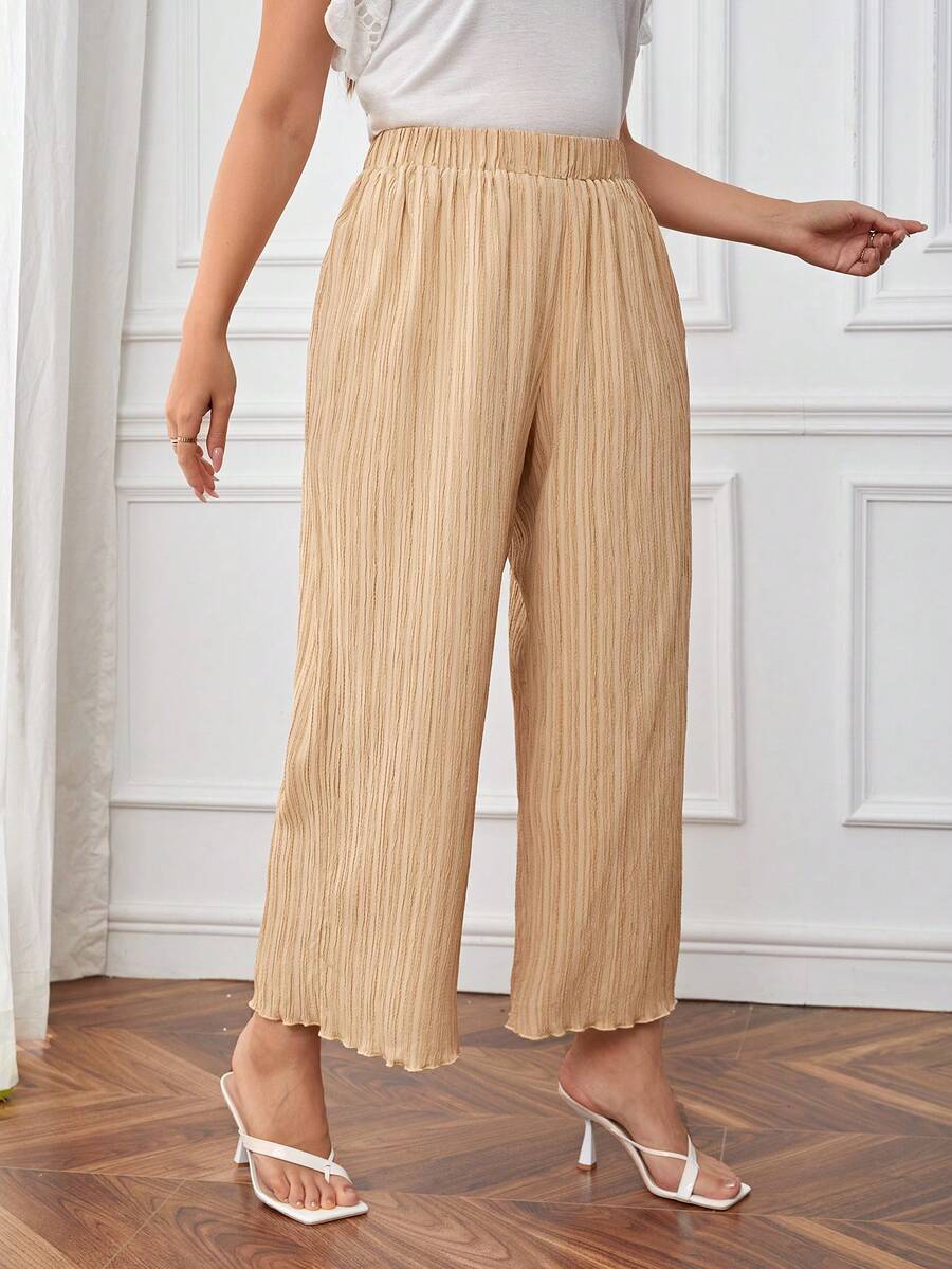 SHEIN Essnce Plus Lettuce Trim Plisse Wide Leg Trousers - Apricot - View 1