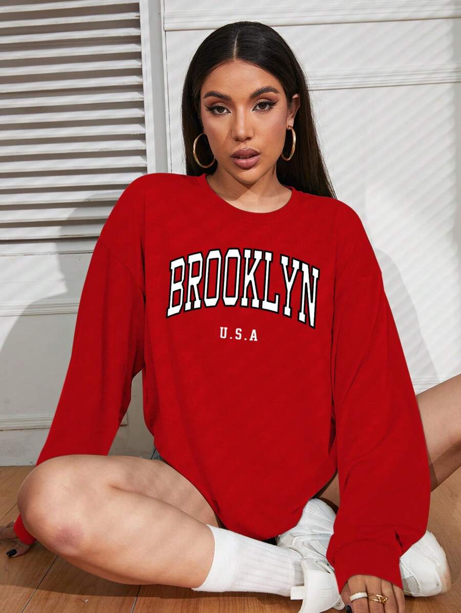 INAWLY Camiseta gráfica de manga caída con diseño de letra, camisetas gráficas para mujer - Rojo - Ver 1