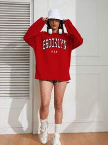 INAWLY Camiseta gráfica de manga caída con diseño de letra, camisetas gráficas para mujer - Rojo - Ver 3