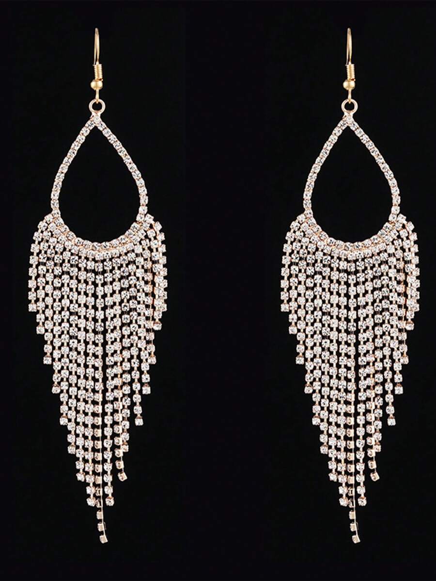 1對魅力四射水鑽流蘇耳墜適合女士適合派對 - 金黃色 - 查看 1