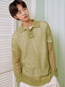 DAZY 男士Polo領鏤空針織上衣 - 橄欖綠 - 查看 3