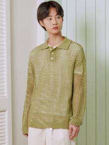 DAZY 男士Polo領鏤空針織上衣 - 橄欖綠 - 查看 4