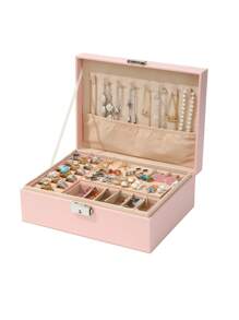 1pc Multi-Grid Jewelry Storage Box, Pink Double Layer Ring Box, Necklace Storage Box, For Household - Baby Pink - View 3