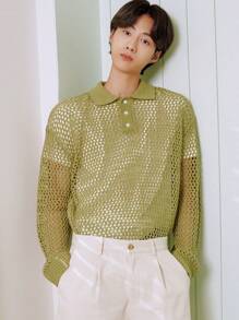 DAZY 男士Polo領鏤空針織上衣 - 橄欖綠 - 查看 5