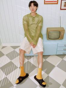 DAZY 男士Polo領鏤空針織上衣 - 橄欖綠 - 查看 7