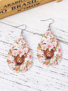 復古西部風格豹紋奶牛圖案PU聚氨酯雙面淚滴形耳環 - 粉色 - 查看 4